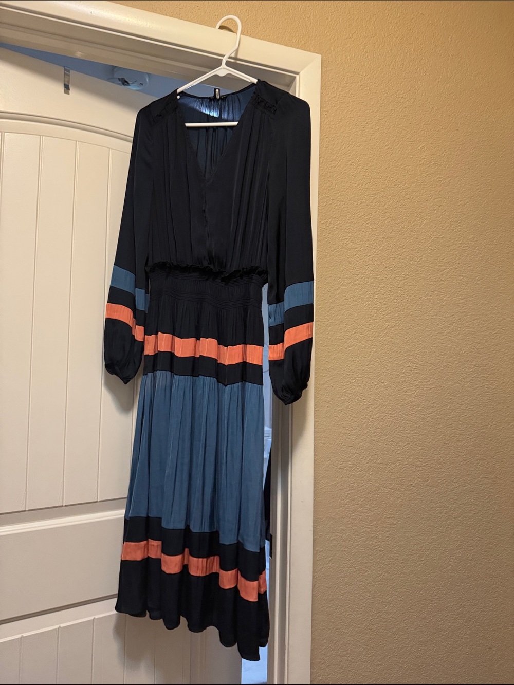 Current Air Dress  Long-Sleeve V-Neck Midi Dress in Black, Blue and Coral